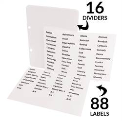 Dvd-tabbladen met ringbandgaten incl. labels met voorbedrukte filmgenres - 16 st. 